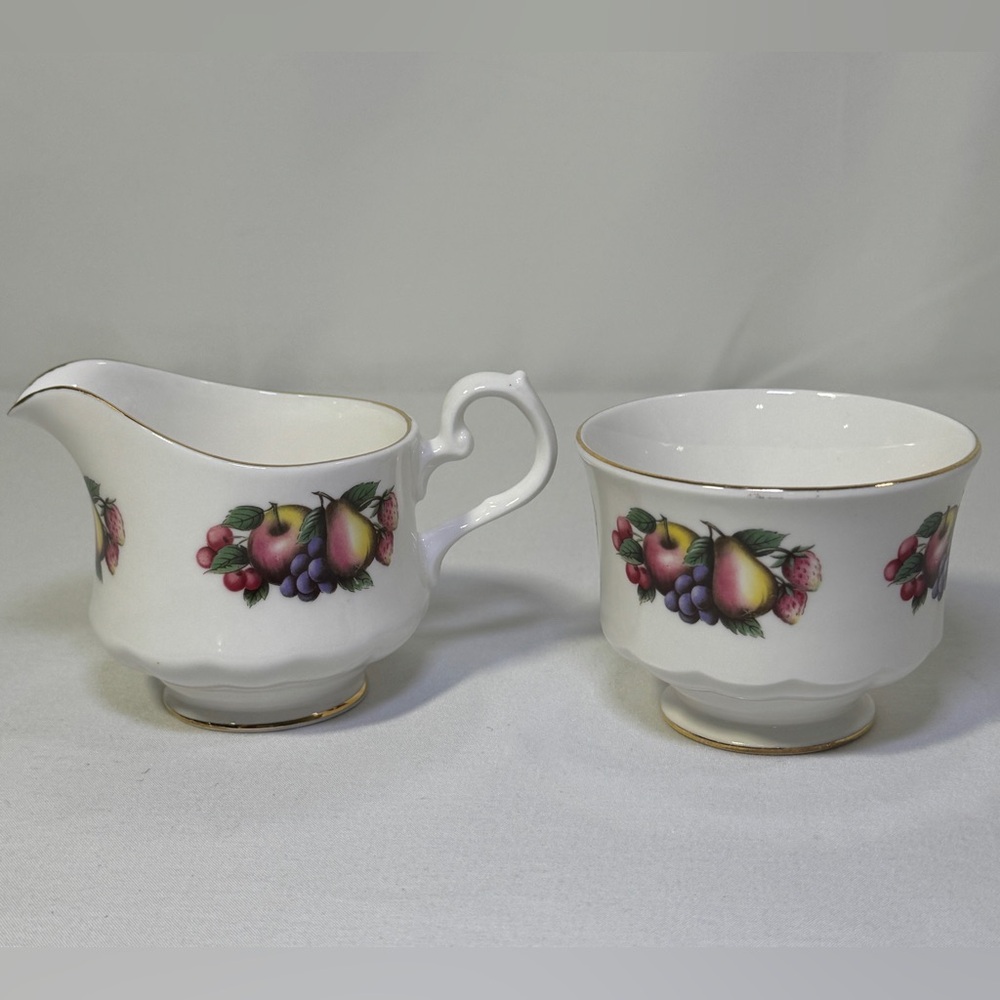 Vintage Gainsborough Fruit Cream & Sugar Bowl Set Bone China Gold Trim Tea
